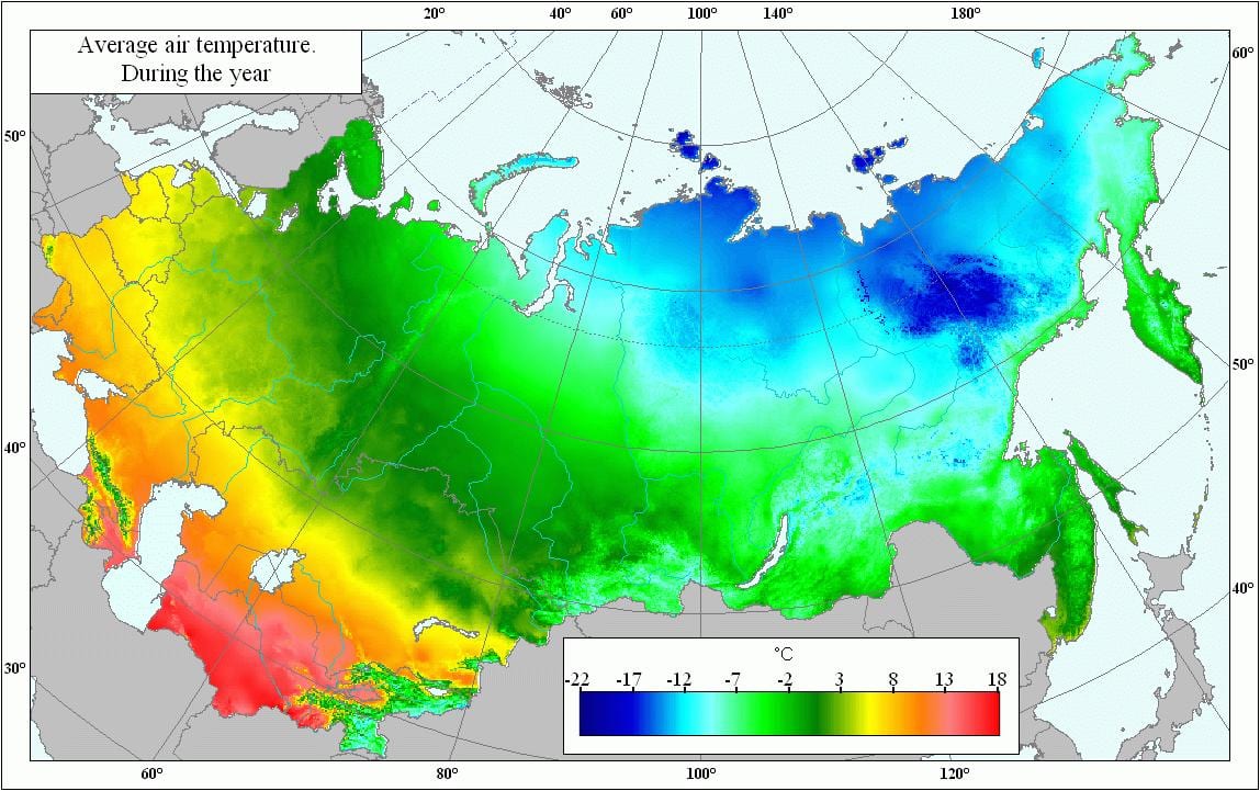 kaart van Rusland temperatuur